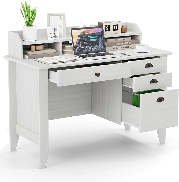 48" Computer Desk with 4 Storage Drawers and Hutch Wood Executive Table for PC Laptop