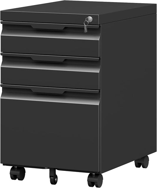 Mobile File Cabinet with Lock,3 Drawer Under Desk Metal Rolling Filing Cabinets for Home Office Organizer A4/Letter/Legal,Easy Assembly,Black