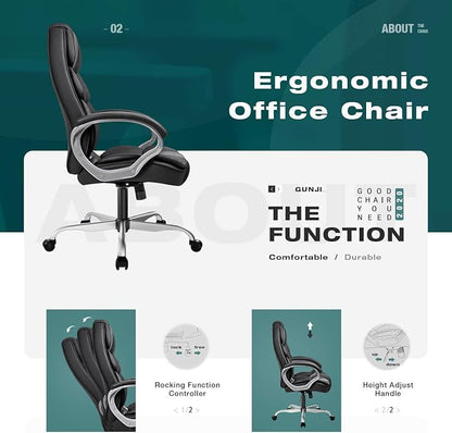 GUNJI Office Chair PU Leather High Back Executive Chair Ergonomic Computer Chair, Modern Adjustable Home Desk Chair Swivel Managerial Chair with Padded Armrests and Lumbar Support (Black)