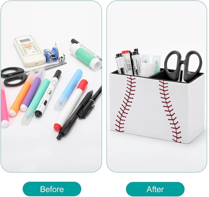 Niapessel Pencil Holder for Desk, Baseball Ball Pen Holder Storage Desktop Pen Organizer Desk Pencil Organizer Makeup Brush Holder for Office School College Leather