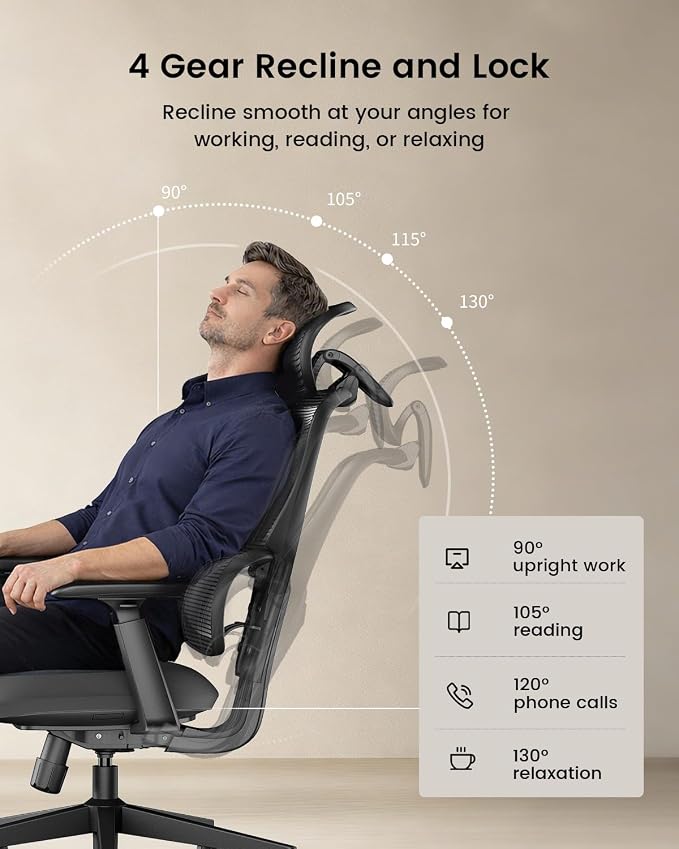 ProtoArc Ergonomic Office Chair – EC300 Adjustable Lumbar High Back Desk Chair, Sliding Seat, 3D Headrest, Wider Armrests, 4 Tilt Backrest Mesh Chairs for Home Office Long Hours Sitting - Black