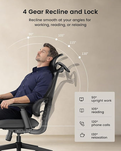 ProtoArc Ergonomic Office Chair – EC300 Adjustable Lumbar High Back Desk Chair, Sliding Seat, 3D Headrest, Wider Armrests, 4 Tilt Backrest Mesh Chairs for Home Office Long Hours Sitting - Black