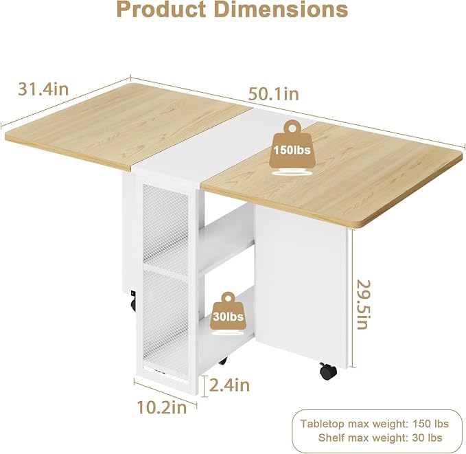 IDEALHOUSE FoldingTable, Drop Leaf Dining Table with 6 Wheels and 2-Layer Storage Shelf, Space Saving Table for Small Spaces (Natural Wood, 50.1" D x 31.4" W x 29.5" H)
