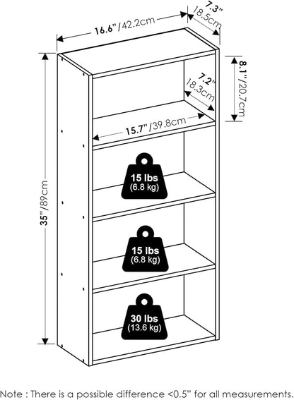 Furinno Basic Book Shelf, 4-Tier Bookcase with Open Shelf, Bookshelf, Cube Storage Organizer, 7 x 17 x 35, for Living Room, Bedroom, Home Office, Espresso