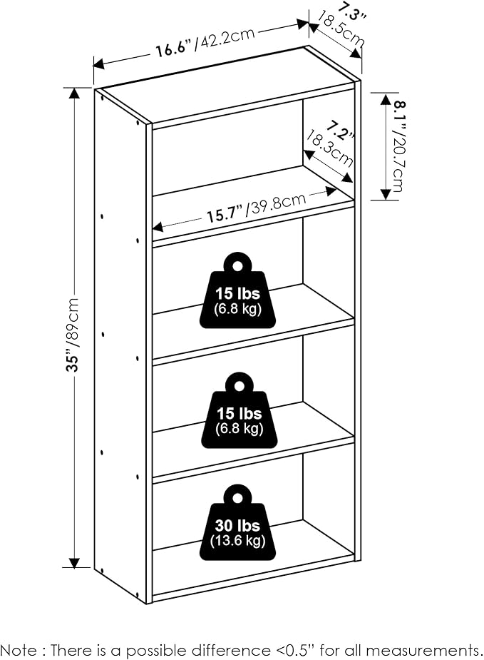 Furinno Basic Book Shelf, 4-Tier Bookcase with Open Shelf, Bookshelf, Cube Storage Organizer, 7 x 17 x 35, for Living Room, Bedroom, Home Office, White