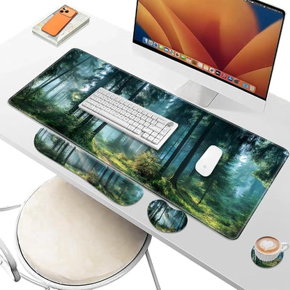 Desk Pad and Keyboard Wrist Rest, Large Mouse Pad + Keyboard Pad+Mouse Wrist Support, Non-Slip Desk Mat Protector for Office, Home 31.5×11.8 Inches Forest