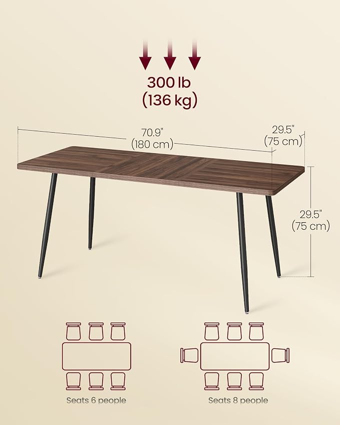 VASAGLE 70.9" Dining Table for 6-8 People, Modern Kitchen Table, Heat-Resistant Tabletop, Quick Assembly, for Dining Room, Natural Walnut and Ink Black, Island Collection UKDT108K101S