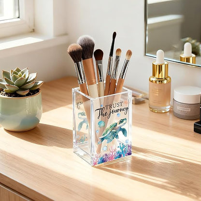 Trust The Journey Acrylic Pencil Holder Cup, Inspirational Gifts for Friends Coworker, Funny Sea Turtle Pen Holder for Women Girls Turtle Lover, Pencil Cup for Desk, Marker Makeup Organizer