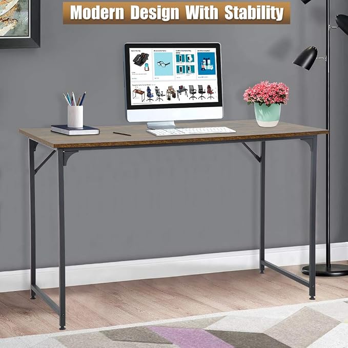 FDW Computer Desk Home Office Desk 47”W x 19”D Gaming Desk Corner Writing Black Large Student Art Modren Simple Style PC Wood and Metal Desk Workstation for Small Space，Vintage