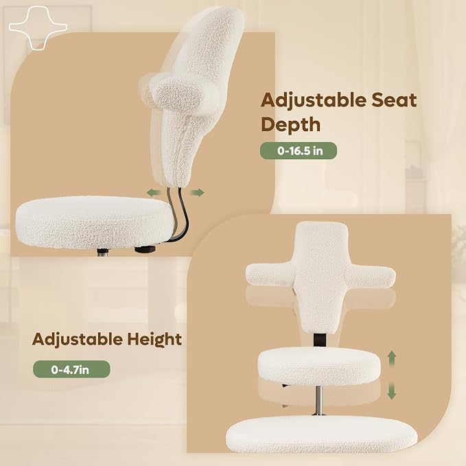 Pinmoco Ergonomic Cross Legged Office Chair Extra Wide for ADHD and Meditation, Kneeling Chair with 360° Swivel Wheels and Reversible Seating, Adjustable Height and Seat Depth, Teddy Fabric, White