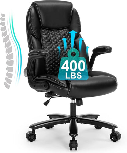 ZLHECTO® Big and Tall Executive Office Chair, PU Leather Swivel Desk Chair with Flip-up Arms, Adjustable Lumbar Support, Space-Saving Height Adjustable Rolling Computer Chair for Home & Office Use
