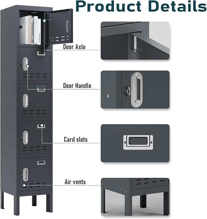 BUTISOW Metal Lockers - 66" Height Steel Lockers for Employees with 5 Door Storage Locker with Card Slot for Employees Gym School Home Office Garage - Assembly Required