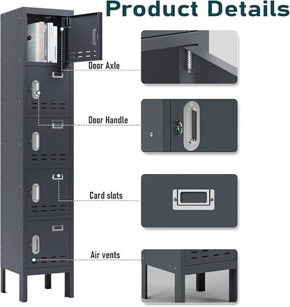 BUTISOW Metal Lockers - 66" Height Steel Lockers for Employees with 5 Door Storage Locker with Card Slot for Employees Gym School Home Office Garage - Assembly Required