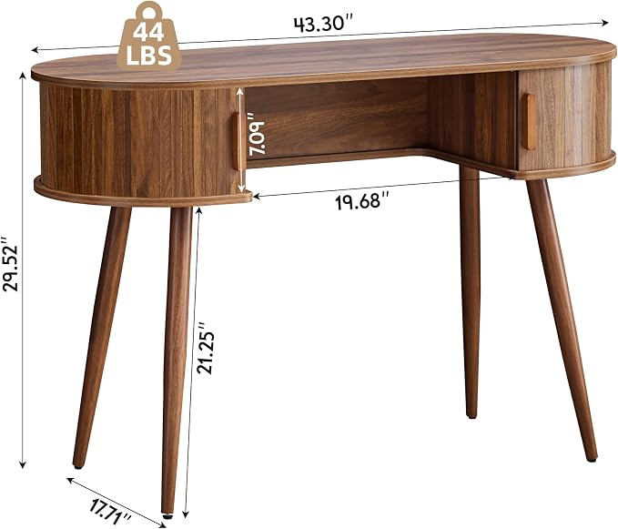 Mid-Century 43" Small Wood Desk, Home Office Writing Desk with Storage, Unique Design Fluted Vanity Table Desk for Bedroom, Study Room