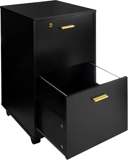 Lavish Home 2 Drawer File Cabinet - Filing Cabinet with Lock - Rolling File Cabinet for Under Desk Storage - Wood Filing Cabinet for Home or Office Organization (Black)