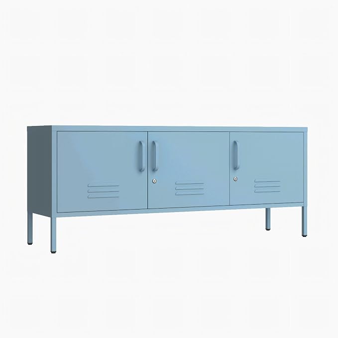 Blue Industrial Metal TV Stand with Lockable Storage Cabinet, Wide 3-Door Media Console, Adjustable Shelves, Multipurpose Accent Cabinet for Living Room Bedroom Home Office