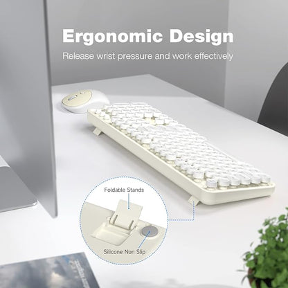 Atelus Wireless Keyboard and Mouse, Typewriter Full Size Keyboard with Number Pad and 2 in 1 USB Connected Mouse for Windows 7/8/10, Laptop, Desktop, PC, Computer (Off-White)