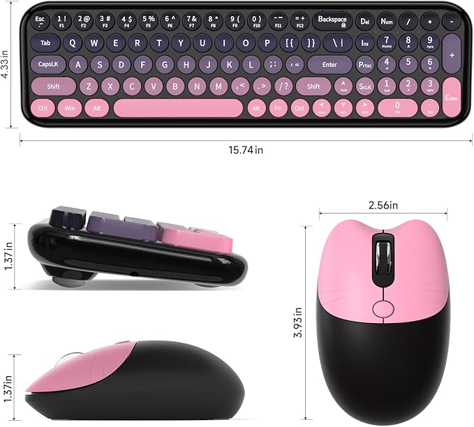 Wireless Keyboard and Mouse Combo, MOWUX Compact Typewriter Retro Round Computer Keyboard, Cute Optical Mouse Wireless, Plug and Play, for Laptop, PC, Computer- Plum Pink Gradient