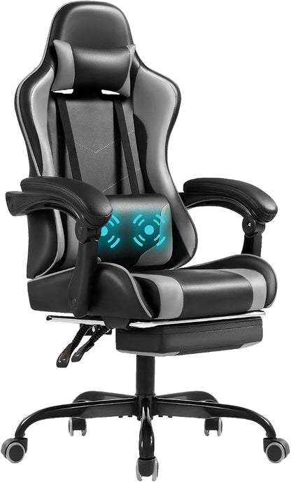 Shahoo Gaming Chair with Footrest and Massage Lumbar Support, Video Racing Seat Height Adjustable with 360°Swivel and Headrest for Office or Bedroom, Grey