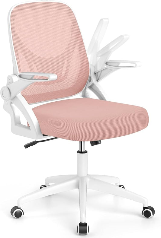 Giantex Mesh Office Chair, Ergonomic Desk Chair with Flip-up Arms & Lumbar Support, Height Adjustable Swivel Computer Desk with High Back for Home Office (Pink)