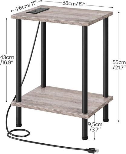 HOOBRO Side Table with Charging Station, End Table with USB Ports and Outlet, Nightstand with 2-Layer Storage Shelves for Small Spaces, Living Room, Bedroom, Stable Frame, Greige and Black BG09UBZ01