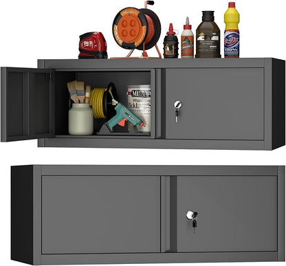GREATMEET Metal Garage Storage Cabinets, Lockable Storage Cabinet with Doors, Wall Mount Cabinet Storage with Lock, Hanging Floating (Black, 13" H)