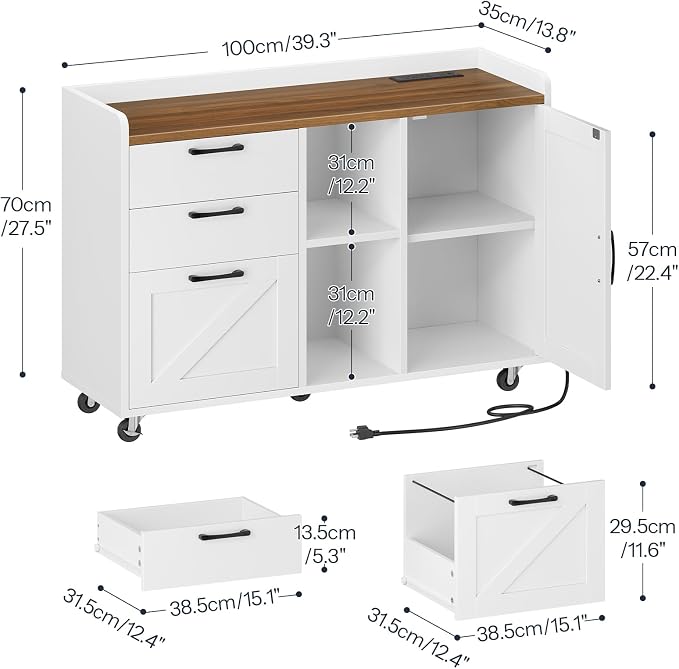HOOBRO Lateral File Cabinet with Charging Station, Wooden Office Storage Cabinet with 3 Drawers and Door,Farmhouse Filing Cabinet Printer Stand for Home Office, Fits A4, Letter Size, White WH35UWJ01