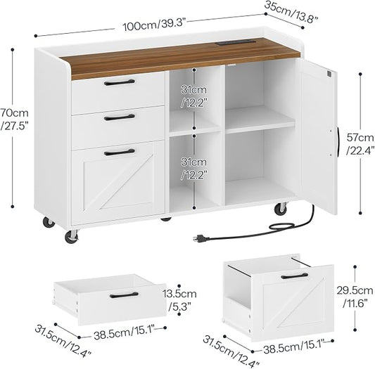 HOOBRO Lateral File Cabinet with Charging Station, Wooden Office Storage Cabinet with 3 Drawers and Door,Farmhouse Filing Cabinet Printer Stand for Home Office, Fits A4, Letter Size, White WH35UWJ01