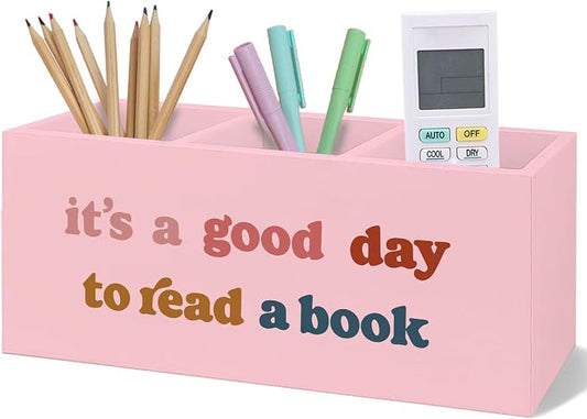 Pink Wooden Bookmark Pen Pencil Holder Decor for Desk, Book Lover Gifts, It's a Good Day to Read a Book Wood Makeup Brush Toothbrush Holder Organizer for Reading Corner Room Library