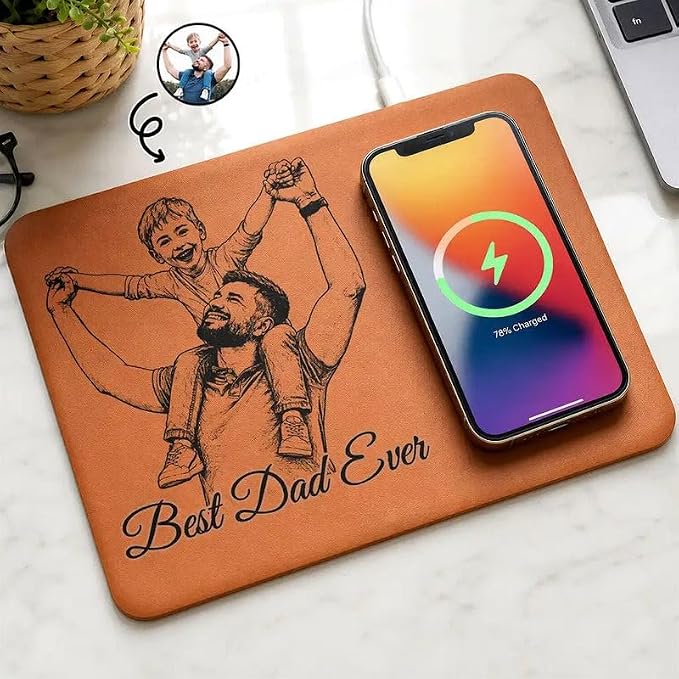 Personalized Leather Charging Mat, Custom Photo Sketch Best Dad Ever Wireless Charging Desk Mat, Custom Dad Gift, Fathers Day Gift for Dad, Papa, Grandpa, Daddy 10