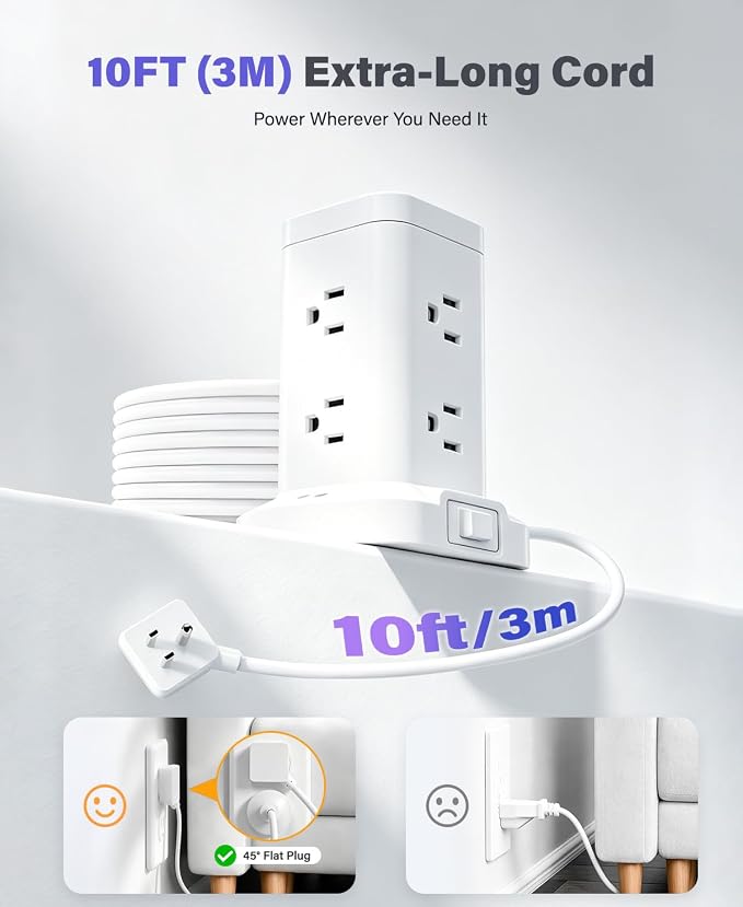Power Strip Tower with Surge Protector 1800J, Fast Charging Tower PD20W USB-C Ports with 8 AC Outlets, 10ft Extension Cord for Home Office Dorm Room, White