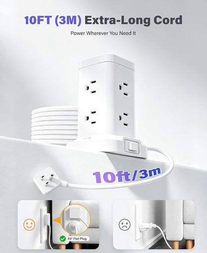 Power Strip Tower with Surge Protector 1800J, Fast Charging Tower PD20W USB-C Ports with 8 AC Outlets, 10ft Extension Cord for Home Office Dorm Room, White