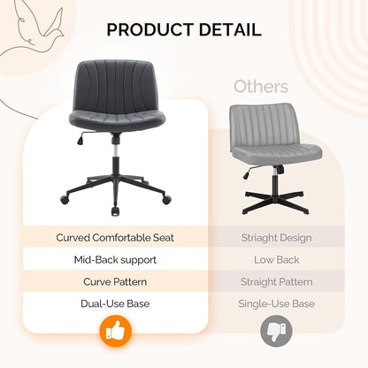 VINGLI Criss Cross Legged Chair,Wide Comfy Office Desk Chair,Dual-Use with/no Wheels Computer Task Chair,Swivel Armless Vanity Rolling Chair for Study,Make Up,Home Office,Cat Scratch PU Leather,Black
