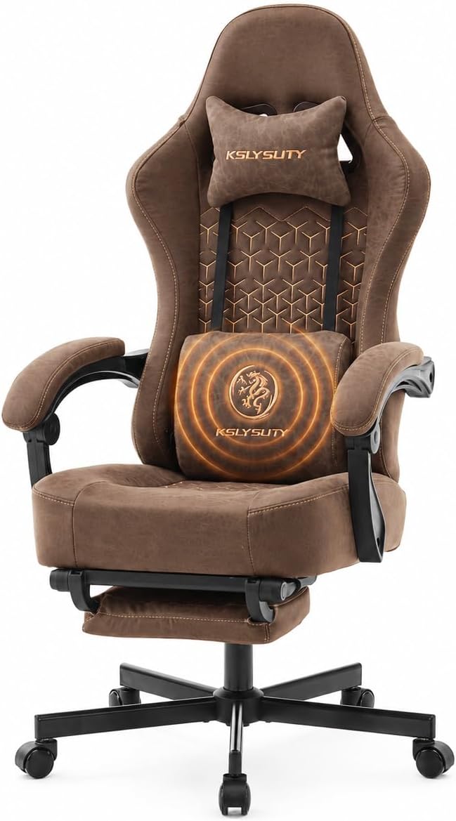 Office Desk Computer Gaming Chair for Adults, Ergonomic High Back Gamer Chair with Massage and Pocket Spring Cushion, Swivel Comfy Video Game Chairs with Footrest and Lumbar Support (Pro Brown)
