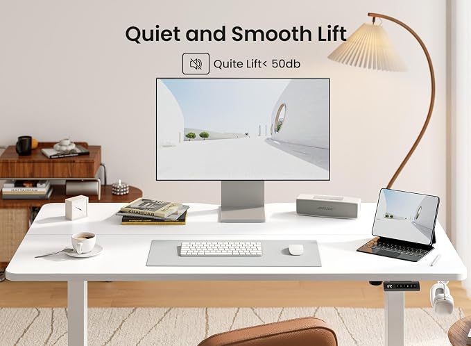 BANTI 55 × 24 Inches Standing Desk, Ergonomic, Electric Height Adjustable, Sit and Stand Up, Computer Office Desk with Splice Board, White Frame/White Top