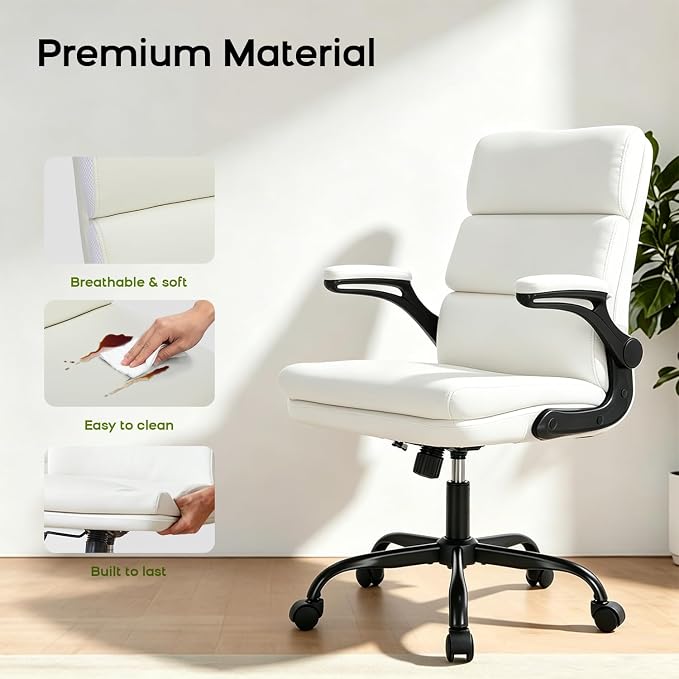Office Chair Adjustable Desk Chair Mid Back Executive Comfortable Bonded Leather Ergonomic Back Support Home Computer Chair with Padded Flip-up Armrest Swivel Wheels (White)