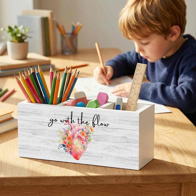 Nurse Office Pencil Pen Holder for Desk Organizer, Nurse Appreciation Gifts, Nursing Week Gifts, Go with the Flow Flower Heart Wooden Box Decorations for Office Desk Tabletop Decor