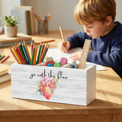Nurse Office Pencil Pen Holder for Desk Organizer, Nurse Appreciation Gifts, Nursing Week Gifts, Go with the Flow Flower Heart Wooden Box Decorations for Office Desk Tabletop Decor