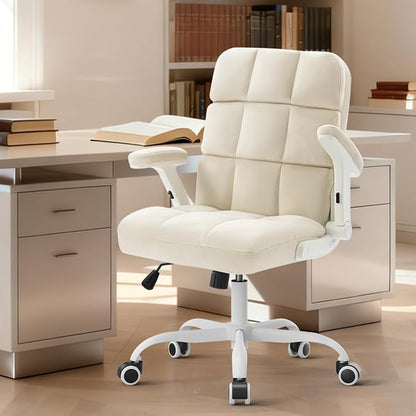 SEATZONE Home Office Chair–Beige Velvet Desk Chair with Wheels, Comfortable Computer Work Chair with Flip-up Arms and Adjustable Tilt