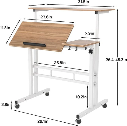 soges 31.5inches Height Adjustable Desk Laptop Desk on The Wheels, Rolling Stand Up Desk Computer Desk Adjustable Standing Desk Sit and Stand Desk Portable Laptop Table, Oak
