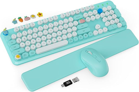 Wireless Keyboard and Mouse Combo - Cute Typewriter Keyboard with Detachable Wrist Rest, Retro Round Keycaps, Foldable Legs, 2.4GHz Full-Size for PC, Laptop, Windows - Trueque (Glacier Blue)