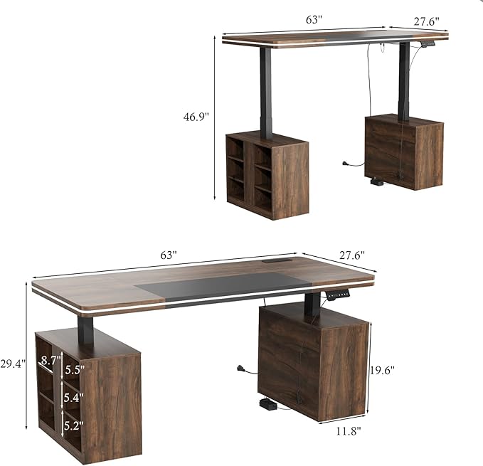 MOUMON 63" Executive Standing Desk with Storage Pedestals and LED Lights, Electric Height Adjustable Desk with Shelves and Built-in Outlets, Walnut and Black 63" W x 27.6" D x 29.4"-46.9" H