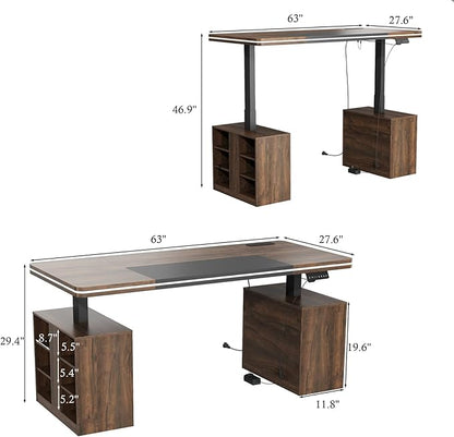 MOUMON 63" Executive Standing Desk with Storage Pedestals and LED Lights, Electric Height Adjustable Desk with Shelves and Built-in Outlets, Walnut and Black 63" W x 27.6" D x 29.4"-46.9" H