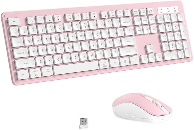 Wireless Keyboard and Mouse, 2.4GHz Cordless Keyboard Mouse Combo, Optical Mouse, Plug and Play USB Receiver, Compatible with Windows, Mac, Laptop, and PC（White Pink）