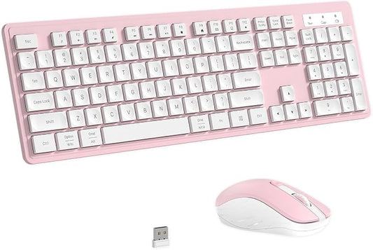 Wireless Keyboard and Mouse, 2.4GHz Cordless Keyboard Mouse Combo, Optical Mouse, Plug and Play USB Receiver, Compatible with Windows, Mac, Laptop, and PC（White Pink）