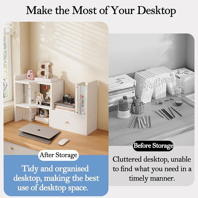 Expandable Wood Desktop Bookshelf, Freestyle Adjustable Wood Display Desk Shelf Counter Storage Rack Top Bookcase for Office & Home (White)