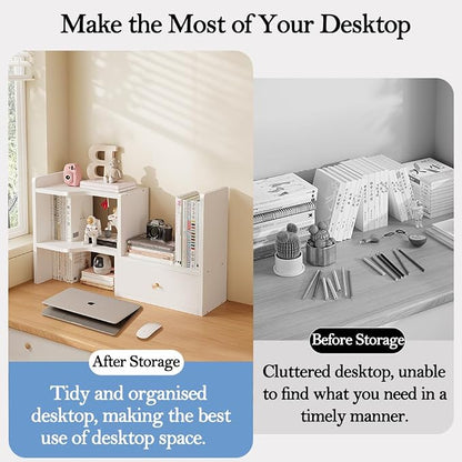 Expandable Wood Desktop Bookshelf, Freestyle Adjustable Wood Display Desk Shelf Counter Storage Rack Top Bookcase for Office & Home (White)