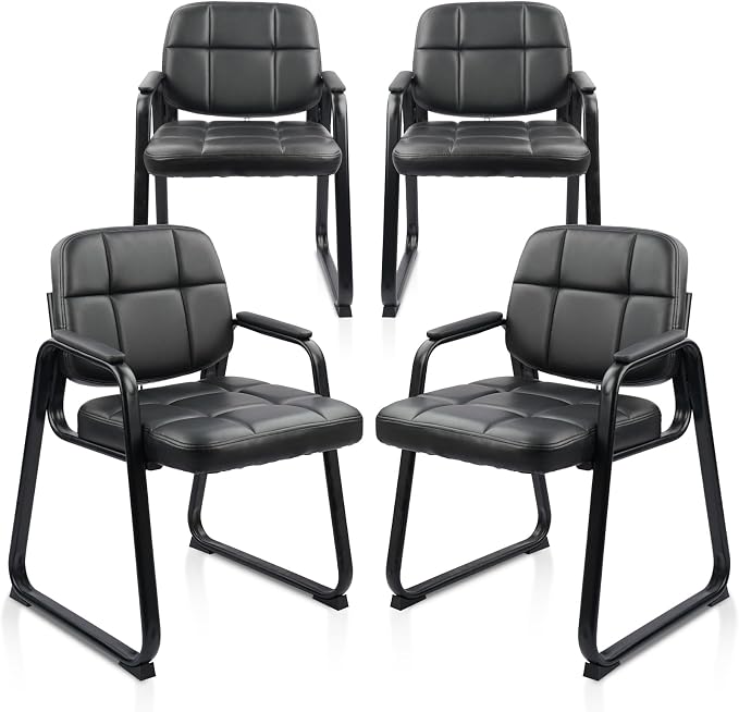 CLATINA Waiting Room Guest Chair with Bonded Leather Padded Arm Rest for Office Reception and Conference Desk Black with Sled Base 4 Pack