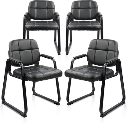 CLATINA Waiting Room Guest Chair with Bonded Leather Padded Arm Rest for Office Reception and Conference Desk Black with Sled Base 4 Pack