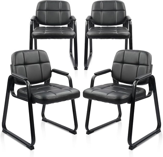 CLATINA Waiting Room Guest Chair with Bonded Leather Padded Arm Rest for Office Reception and Conference Desk Black with Sled Base 4 Pack